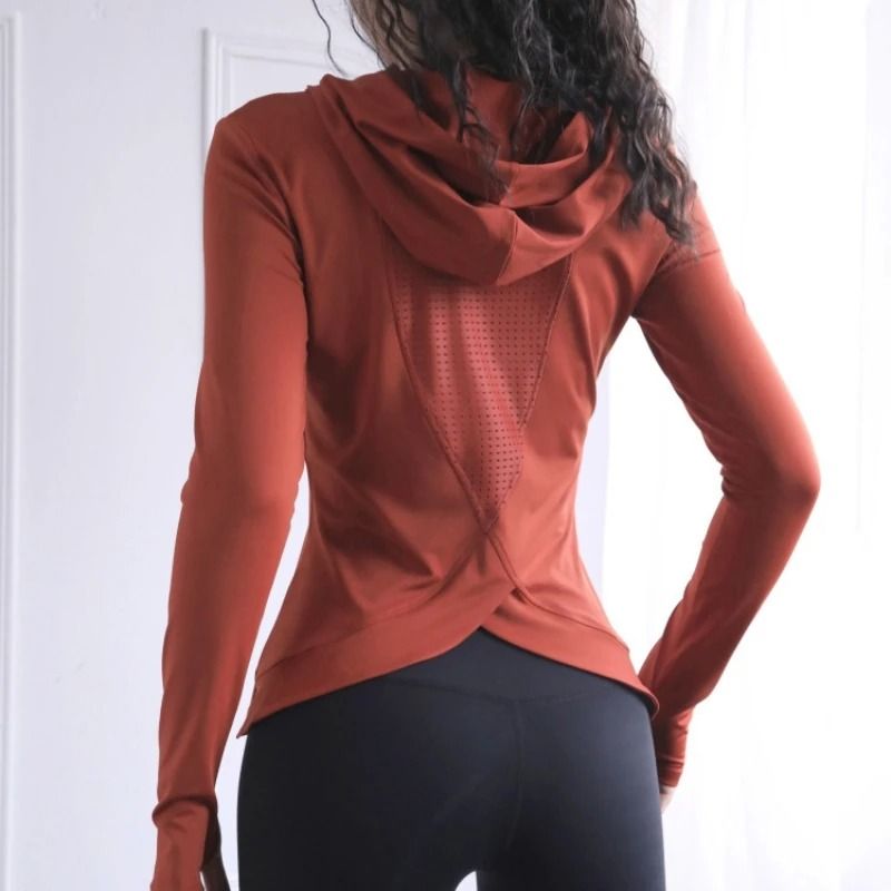 Womens Long Sleeve Yoga Hoodie with Thumb Holes and Breathable Mesh