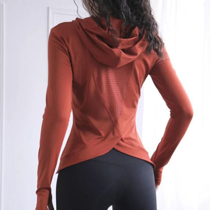 Womens Long Sleeve Yoga Hoodie with Thumb Holes and Breathable Mesh