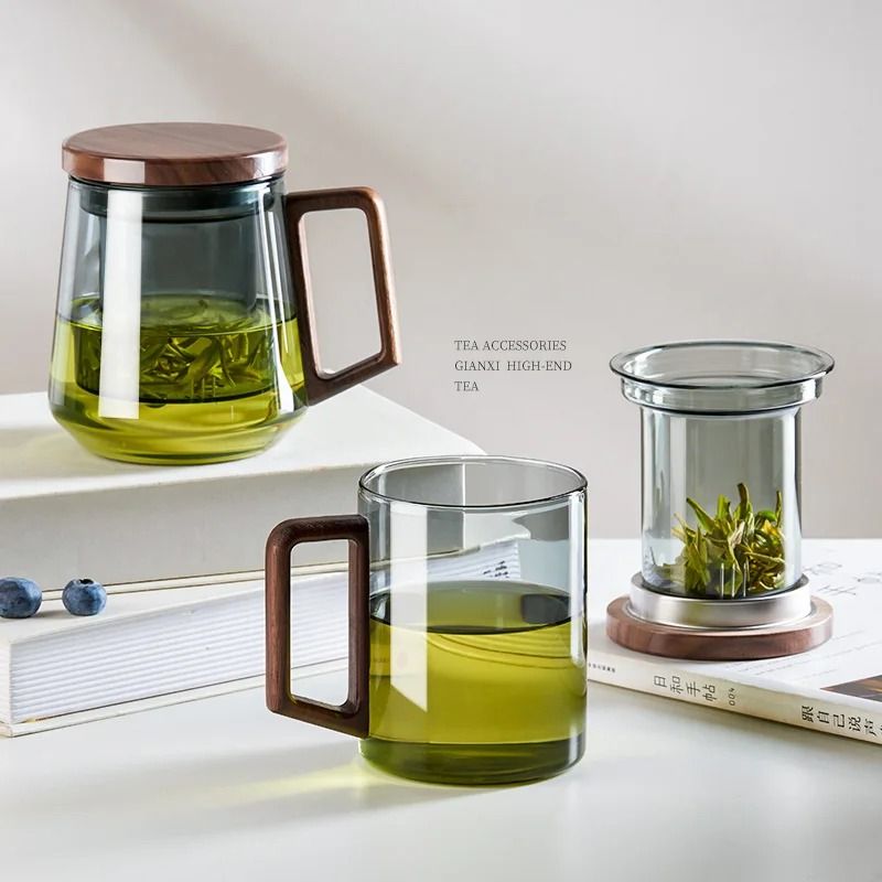 Glass Tea Cup with Wood Handle and Built-In Filter for Kung Fu Tea Rituals