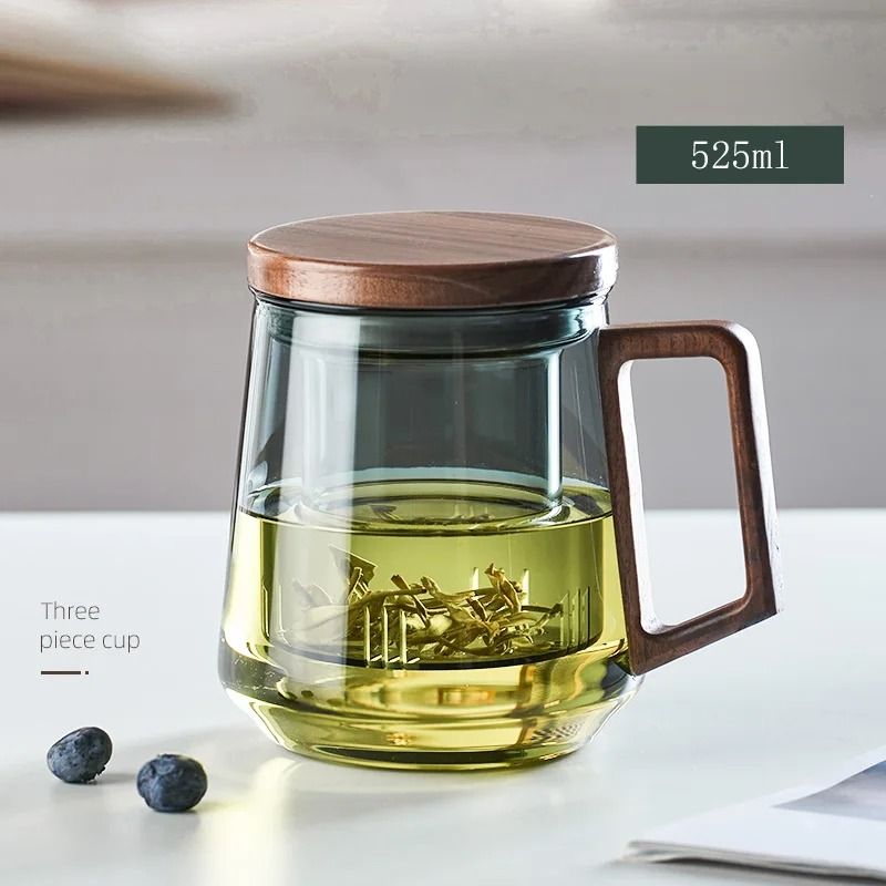 Glass Tea Cup with Wood Handle and Built-In Filter for Kung Fu Tea Rituals