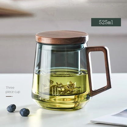 Glass Tea Cup with Wood Handle and Built-In Filter for Kung Fu Tea Rituals