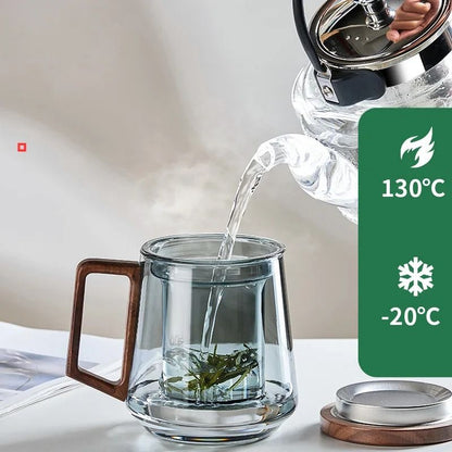 Glass Tea Cup with Wood Handle and Built-In Filter for Kung Fu Tea Rituals