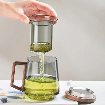 Glass Tea Cup with Wood Handle and Built-In Filter for Kung Fu Tea Rituals