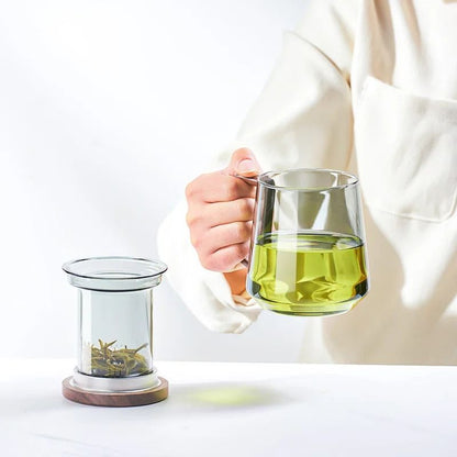Glass Tea Cup with Wood Handle and Built-In Filter for Kung Fu Tea Rituals