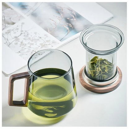 Glass Tea Cup with Wood Handle and Built-In Filter for Kung Fu Tea Rituals
