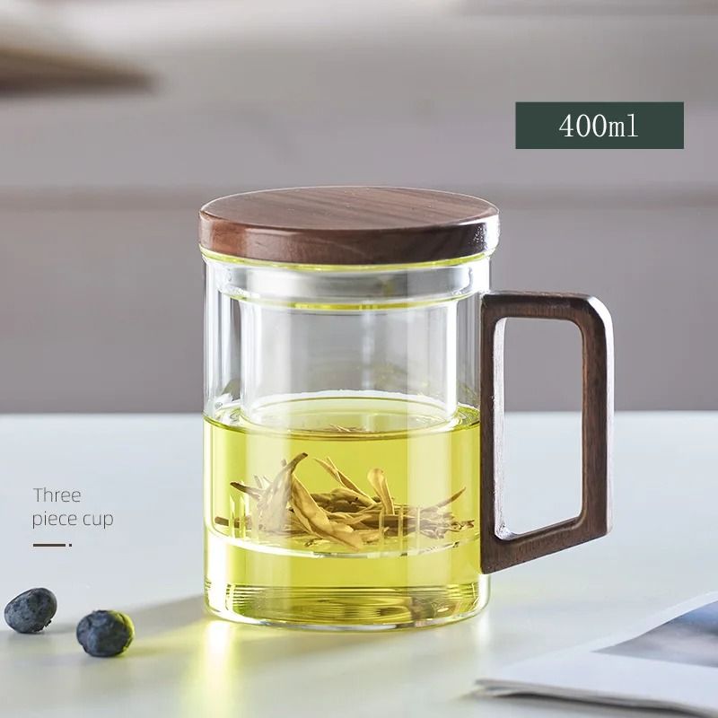 Glass Tea Cup with Wood Handle and Built-In Filter for Kung Fu Tea Rituals