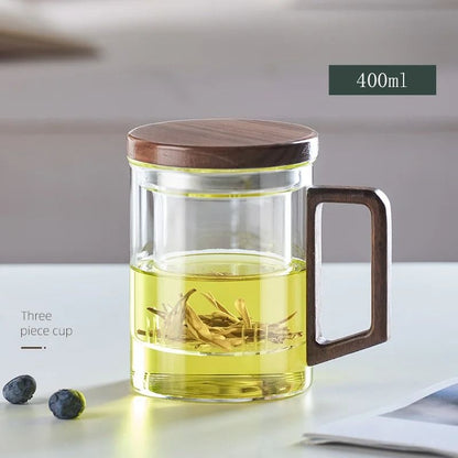 Glass Tea Cup with Wood Handle and Built-In Filter for Kung Fu Tea Rituals
