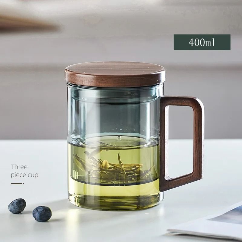 Glass Tea Cup with Wood Handle and Built-In Filter for Kung Fu Tea Rituals