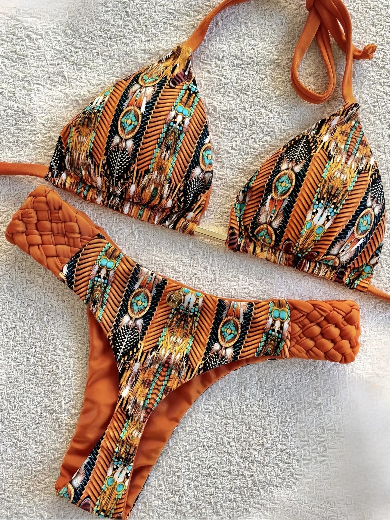 Womens RUOTONSEPT Print Halter Mini Thong High Cut Bikini Set