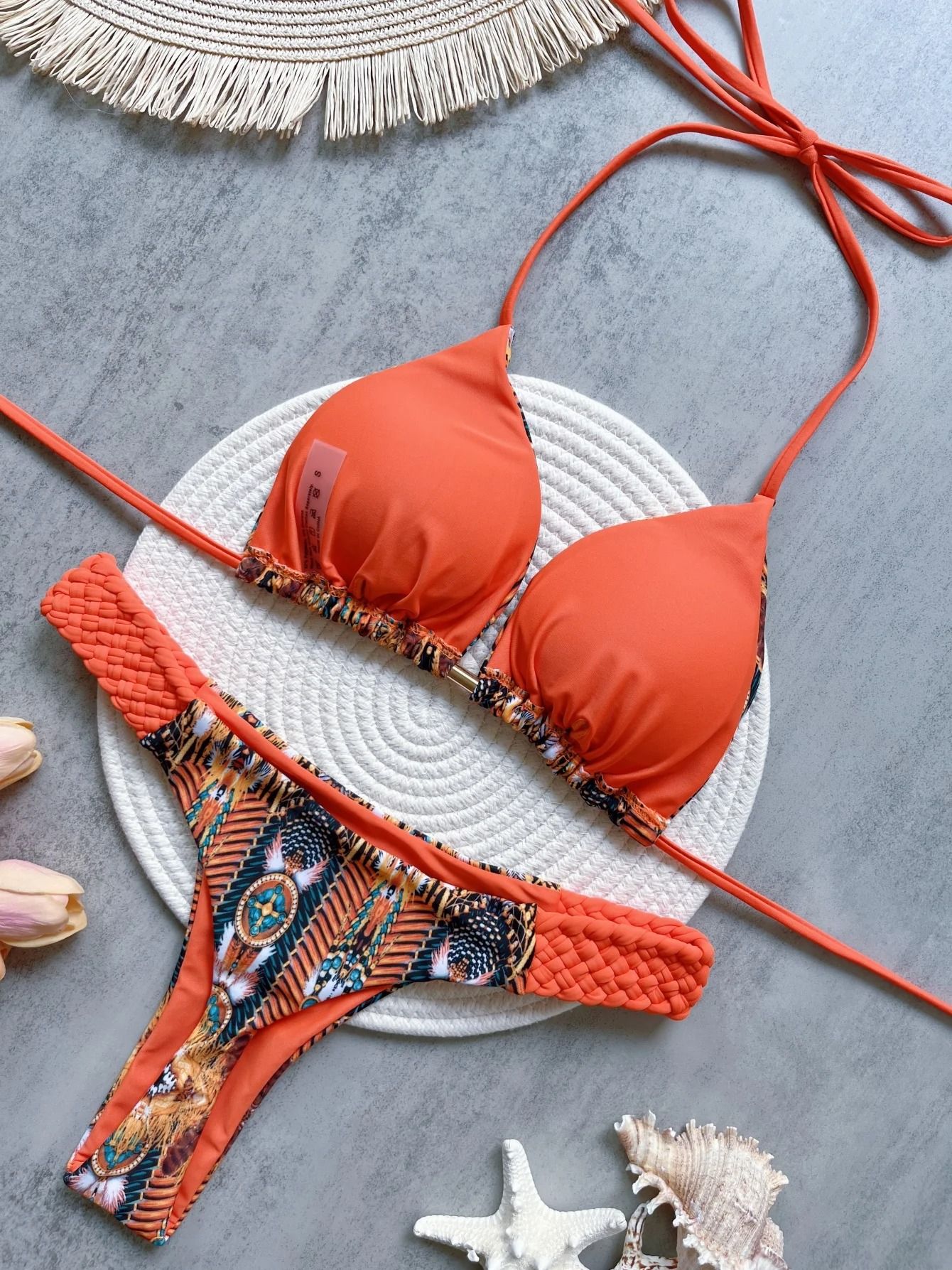 Womens RUOTONSEPT Print Halter Mini Thong High Cut Bikini Set
