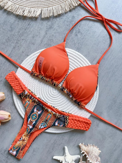 Womens RUOTONSEPT Print Halter Mini Thong High Cut Bikini Set