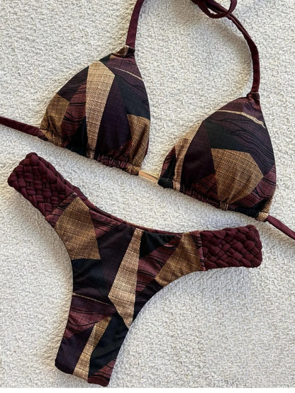 Womens RUOTONSEPT Print Halter Mini Thong High Cut Bikini Set
