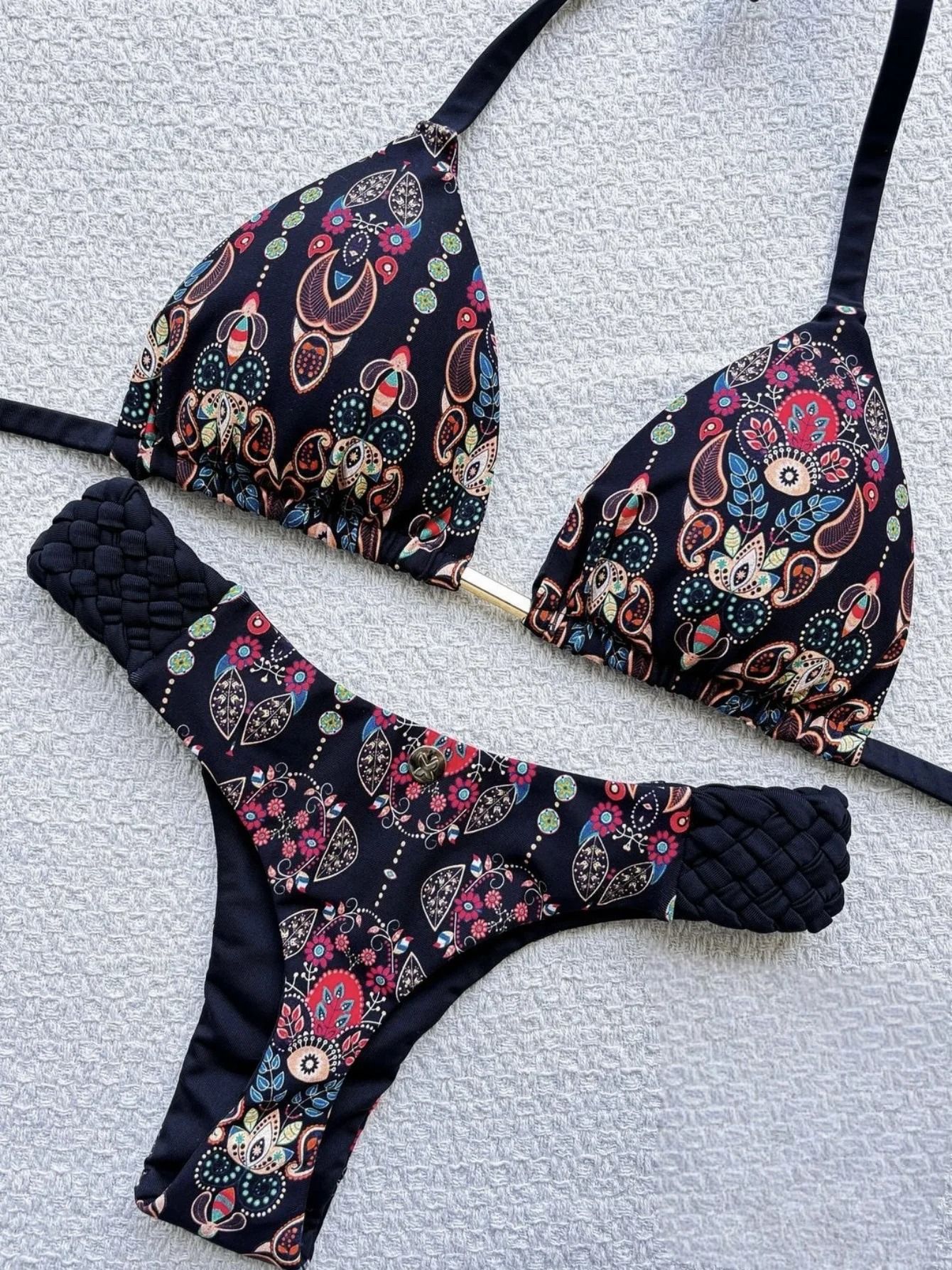 Womens RUOTONSEPT Print Halter Mini Thong High Cut Bikini Set