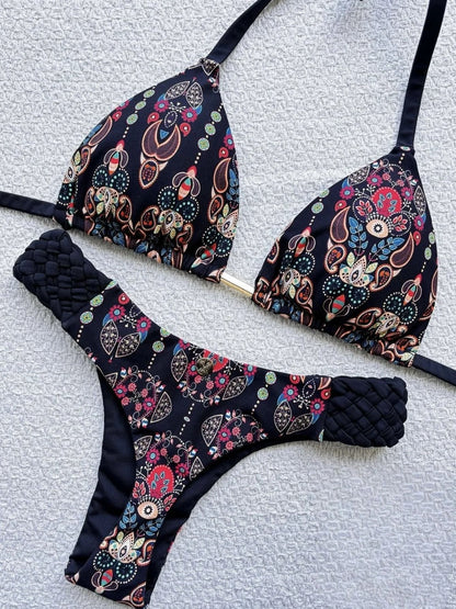 Womens RUOTONSEPT Print Halter Mini Thong High Cut Bikini Set