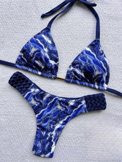 Womens RUOTONSEPT Print Halter Mini Thong High Cut Bikini Set
