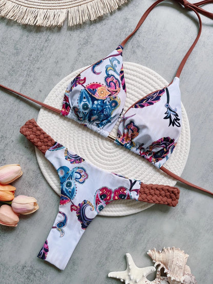 Womens RUOTONSEPT Print Halter Mini Thong High Cut Bikini Set