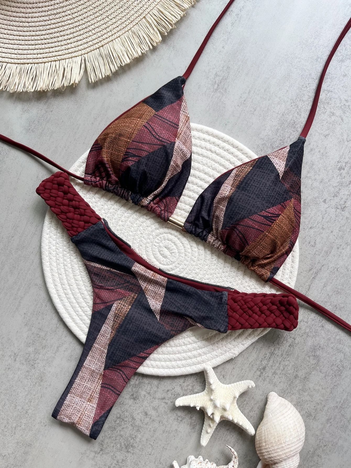 Womens RUOTONSEPT Print Halter Mini Thong High Cut Bikini Set