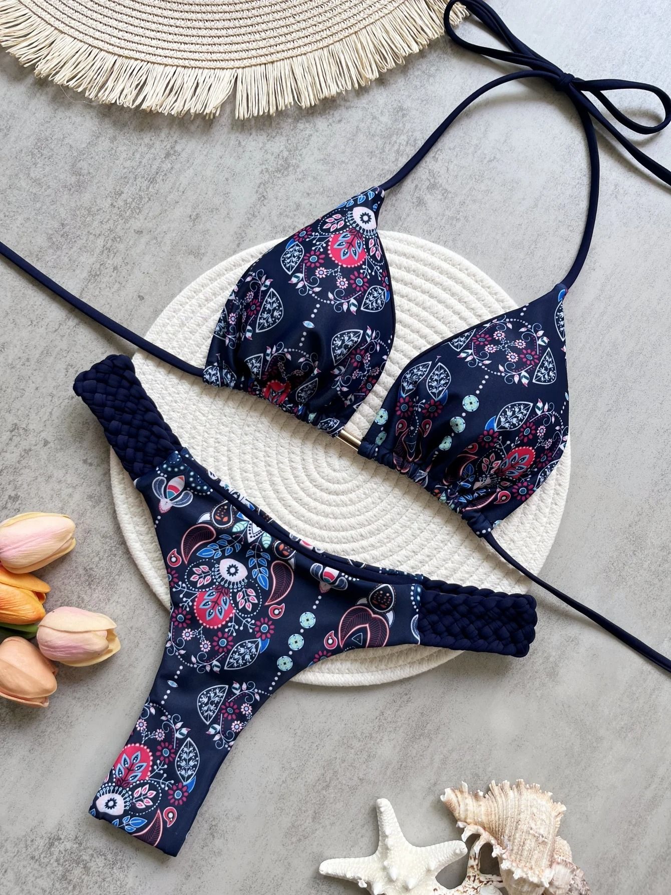 Womens RUOTONSEPT Print Halter Mini Thong High Cut Bikini Set