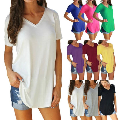 Summer Solid Color V Neck Short Sleeve Loose Hem Arc Blouse for Women