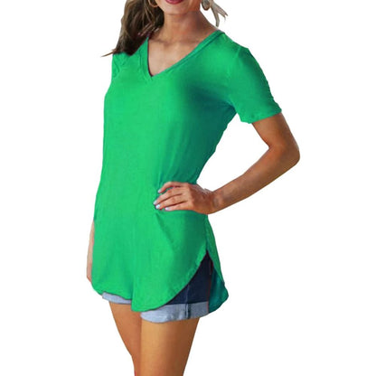 Summer Solid Color V Neck Short Sleeve Loose Hem Arc Blouse for Women