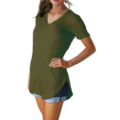 Summer Solid Color V Neck Short Sleeve Loose Hem Arc Blouse for Women