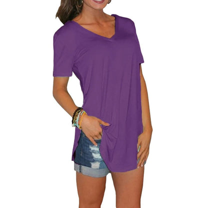 Summer Solid Color V Neck Short Sleeve Loose Hem Arc Blouse for Women