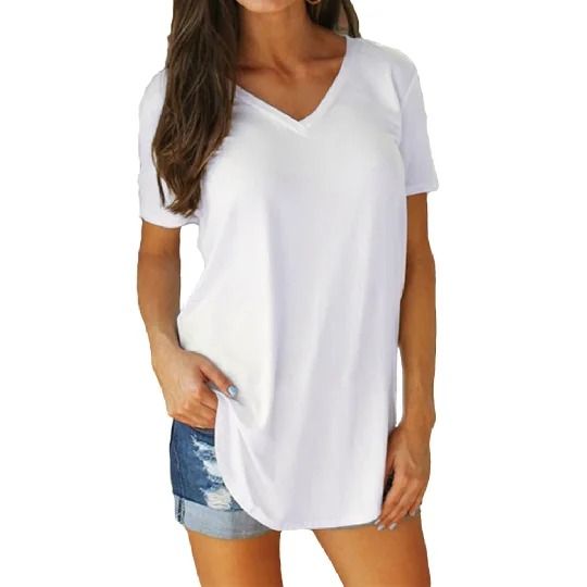 Summer Solid Color V Neck Short Sleeve Loose Hem Arc Blouse for Women