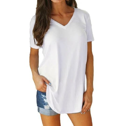 Summer Solid Color V Neck Short Sleeve Loose Hem Arc Blouse for Women