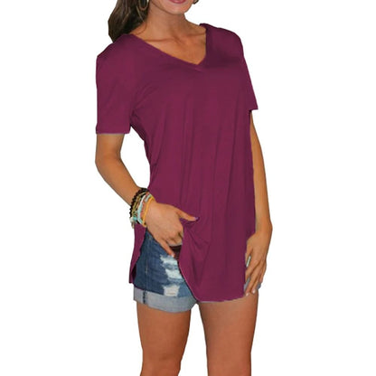 Summer Solid Color V Neck Short Sleeve Loose Hem Arc Blouse for Women
