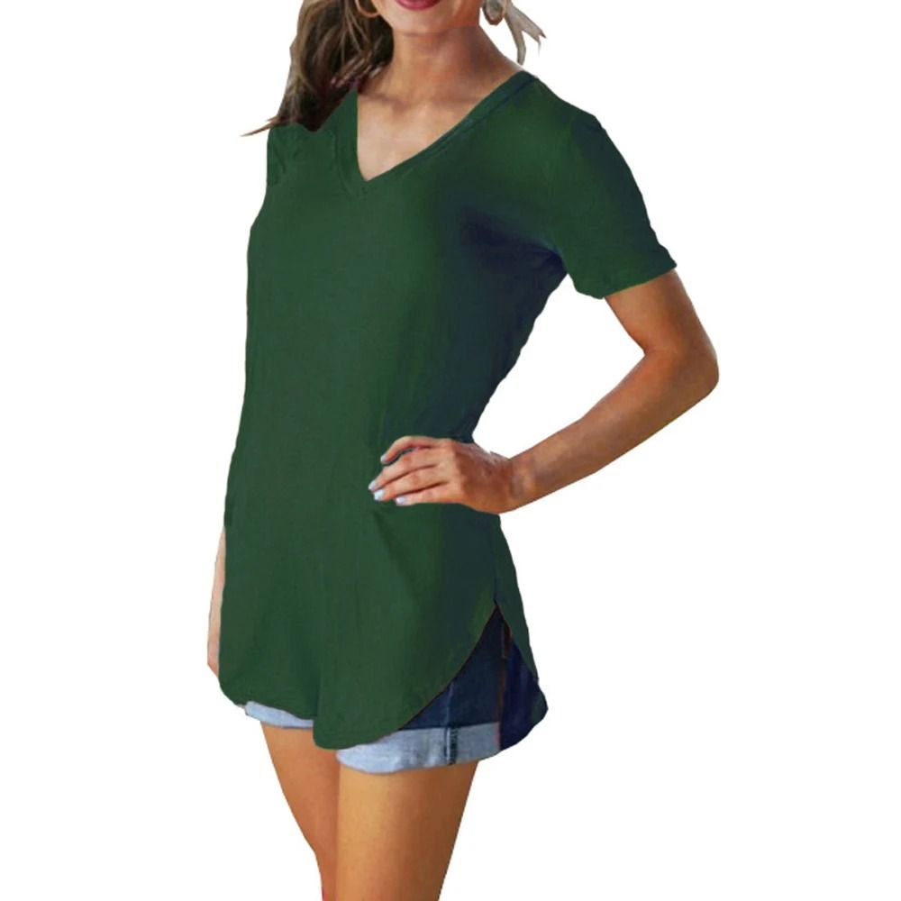 Summer Solid Color V Neck Short Sleeve Loose Hem Arc Blouse for Women
