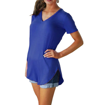 Summer Solid Color V Neck Short Sleeve Loose Hem Arc Blouse for Women