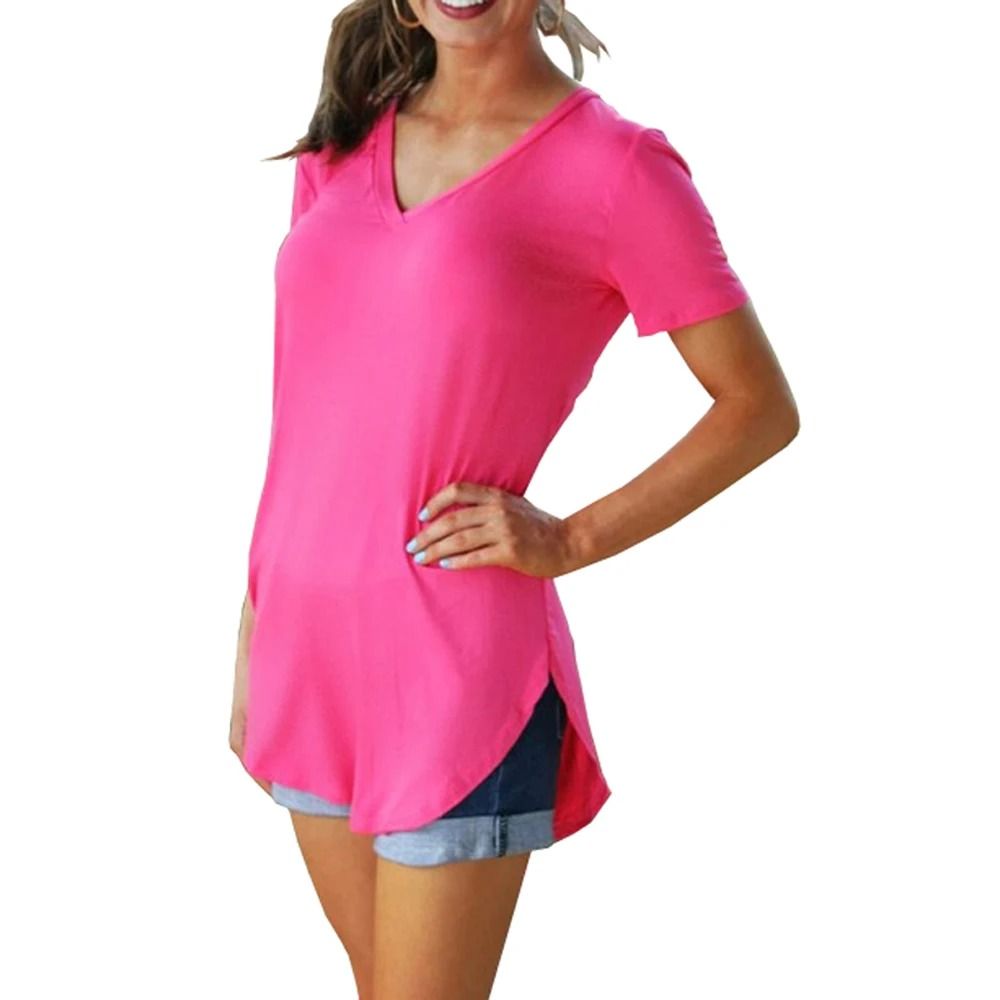 Summer Solid Color V Neck Short Sleeve Loose Hem Arc Blouse for Women