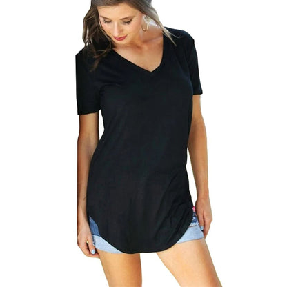Summer Solid Color V Neck Short Sleeve Loose Hem Arc Blouse for Women