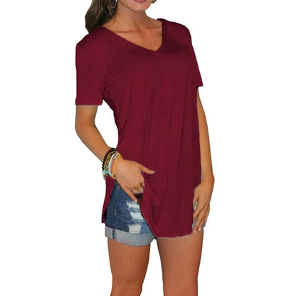 Summer Solid Color V Neck Short Sleeve Loose Hem Arc Blouse for Women