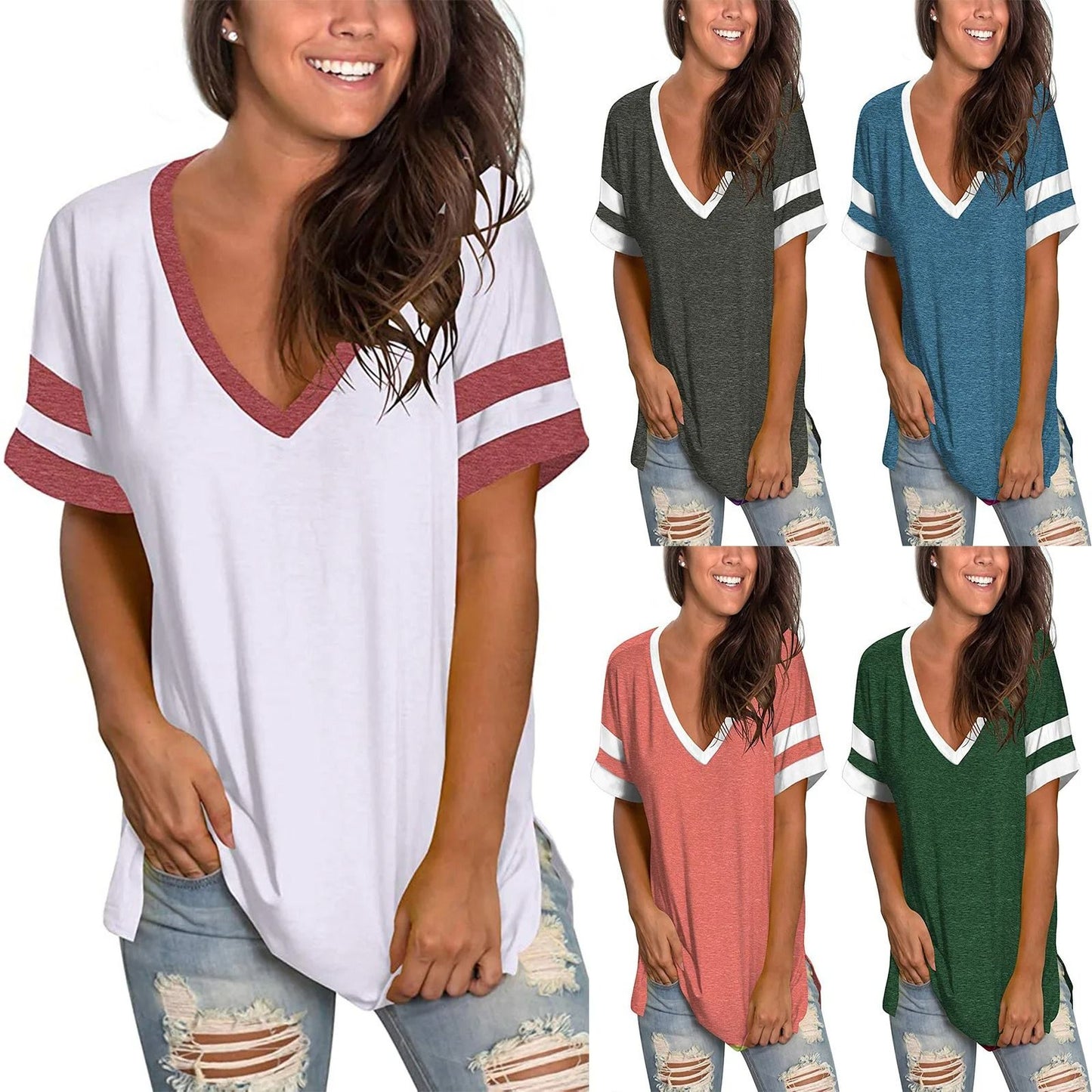 Spring Summer V Neck Short Sleeve Loose Solid Color Women T Shirt