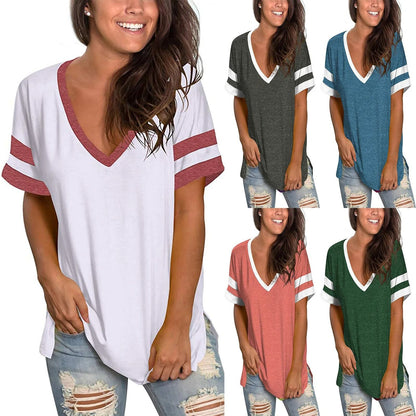 Spring Summer V Neck Short Sleeve Loose Solid Color Women T Shirt