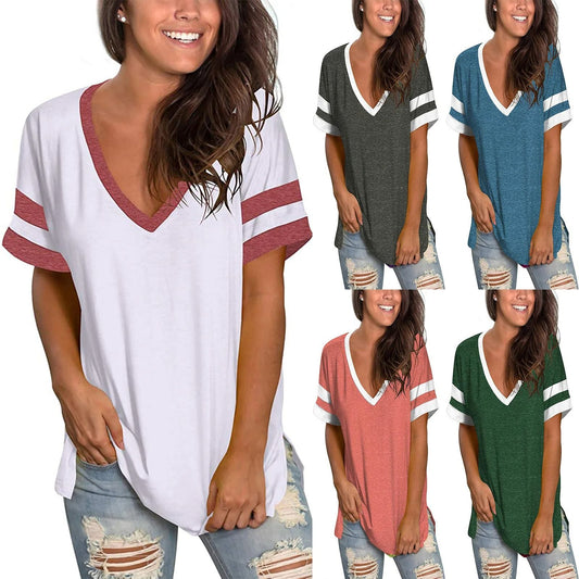 Spring Summer V Neck Short Sleeve Loose Solid Color Women T Shirt