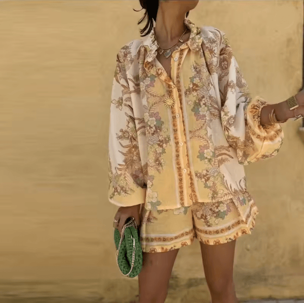Summer Getaway High Waist Print Shorts Set Womens Lantern Sleeve Top and Casual Vacation Outfit
