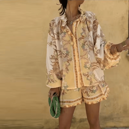 Summer Getaway High Waist Print Shorts Set Womens Lantern Sleeve Top and Casual Vacation Outfit