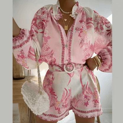 Summer Getaway High Waist Print Shorts Set Womens Lantern Sleeve Top and Casual Vacation Outfit