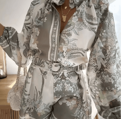 Summer Getaway High Waist Print Shorts Set Womens Lantern Sleeve Top and Casual Vacation Outfit