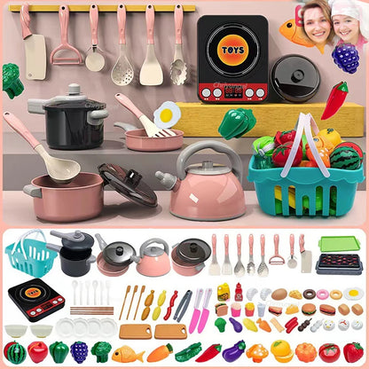 Montessori Kids Kitchen Play Set with Pretend Food, Pots & Pans for Toddlers