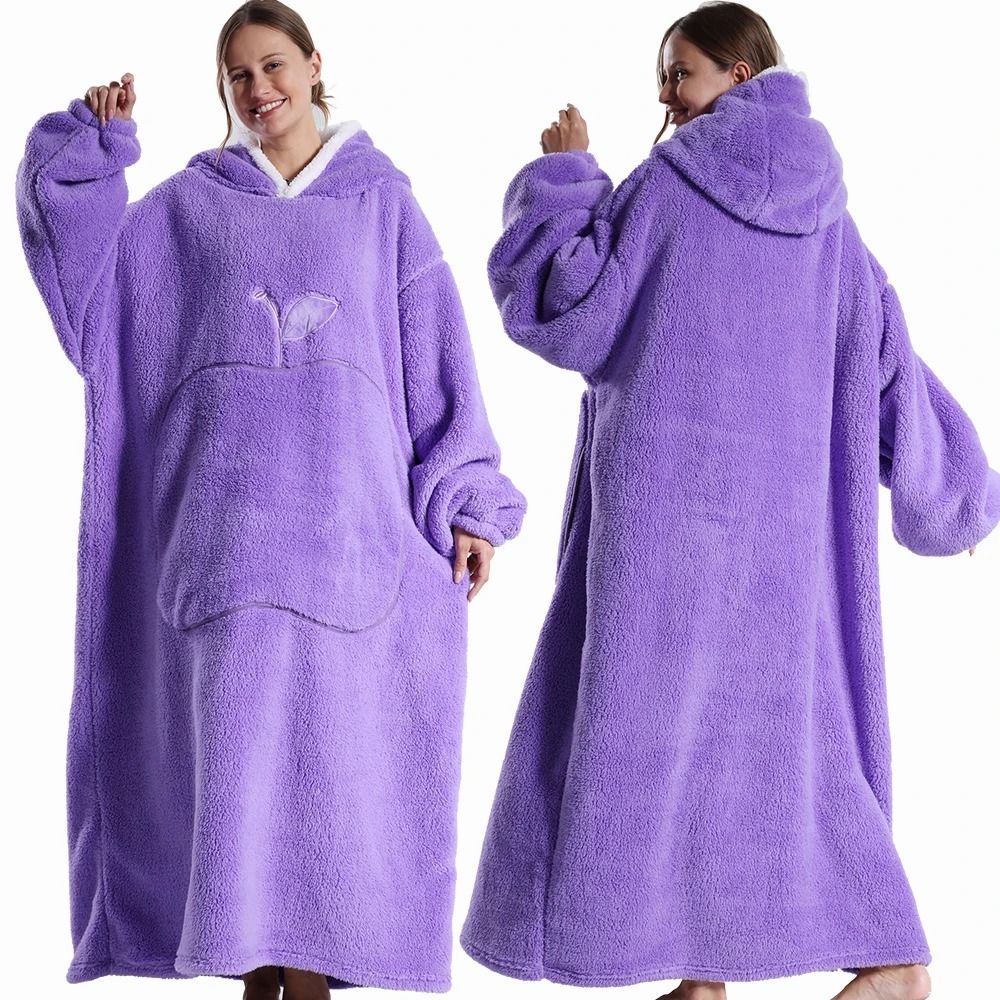 Extra Long Wearable Hooded Blanket with Sleeves Cozy Flannel Winter Throw