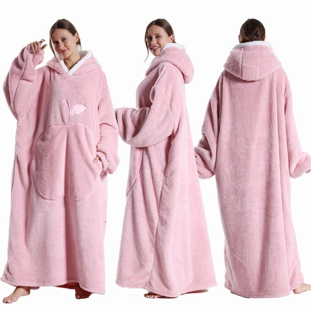Extra Long Wearable Hooded Blanket with Sleeves Cozy Flannel Winter Throw