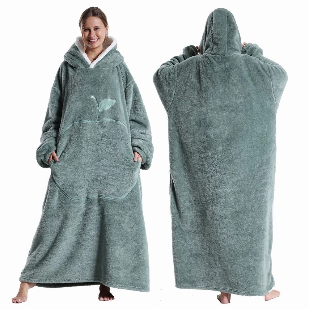 Extra Long Wearable Hooded Blanket with Sleeves Cozy Flannel Winter Throw