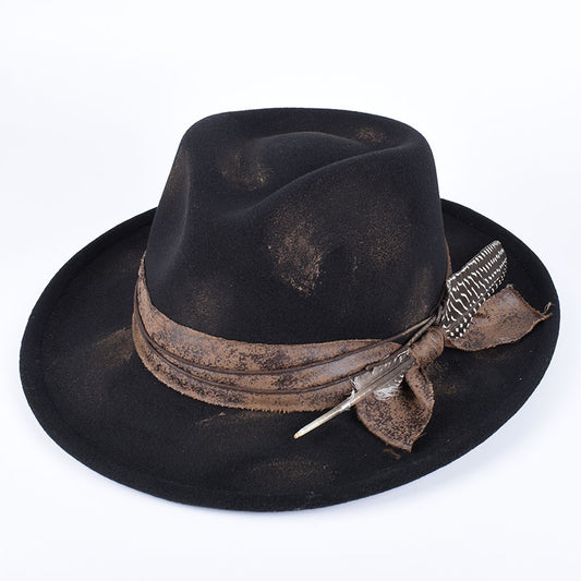 Vintage Fedora Felt Hat with Feather, Autumn Casual Wide Brim Black Jazz Cap, Classic Gentleman British Top Hat for Men