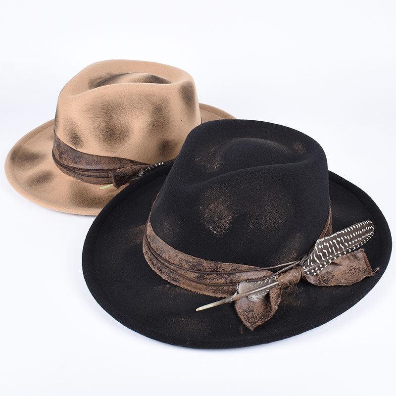 Vintage Fedora Felt Hat with Feather, Autumn Casual Wide Brim Black Jazz Cap, Classic Gentleman British Top Hat for Men