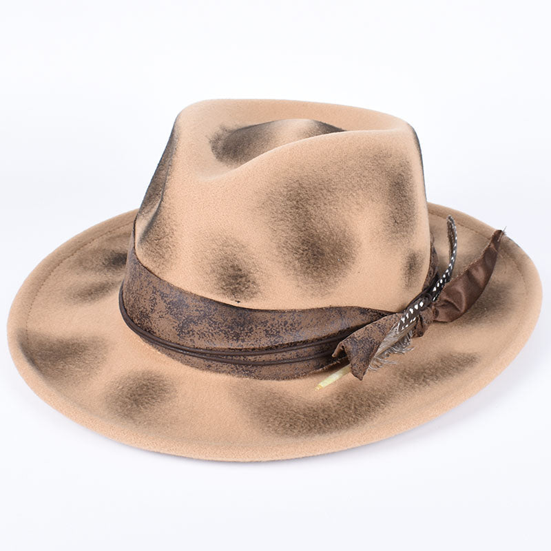 Vintage Fedora Felt Hat with Feather, Autumn Casual Wide Brim Black Jazz Cap, Classic Gentleman British Top Hat for Men