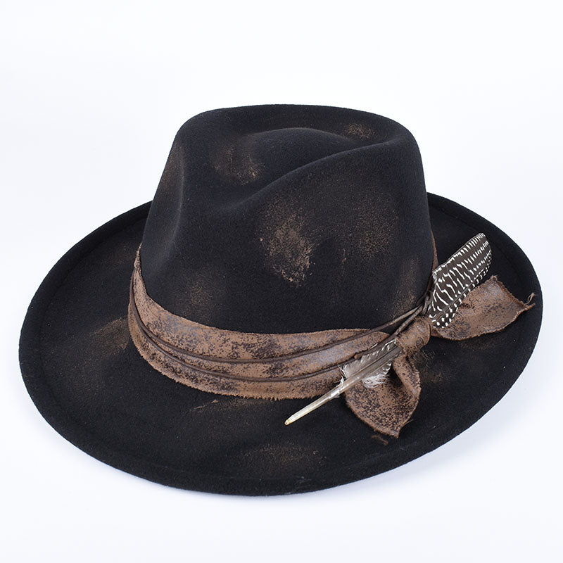 Vintage Fedora Felt Hat with Feather, Autumn Casual Wide Brim Black Jazz Cap, Classic Gentleman British Top Hat for Men