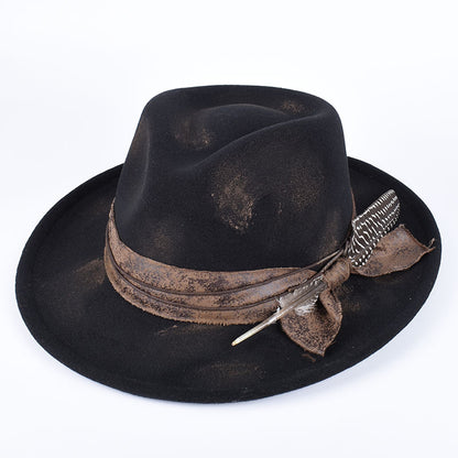 Vintage Fedora Felt Hat with Feather, Autumn Casual Wide Brim Black Jazz Cap, Classic Gentleman British Top Hat for Men